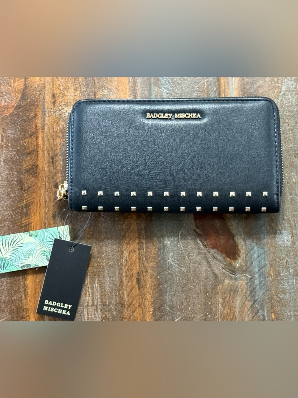 Badgley Mischka Black Studded Zip Around Long Wallet w/Gold Stud NWT